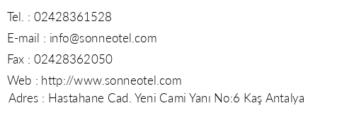 Sonne Otel telefon numaralar, faks, e-mail, posta adresi ve iletiim bilgileri